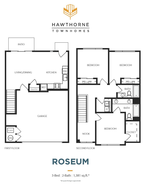 Floor plan for 3 beds, 2 baths, 1381 sqft